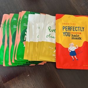 Facetory Soothe Me Tea Tree Skin clearing mask x8 Everyday Olive x6, hair x1